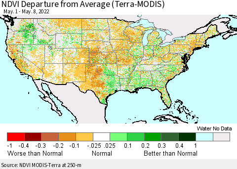 United States NDVI Departure from Average (Terra-MODIS) Thematic Map For 5/1/2022 - 5/8/2022