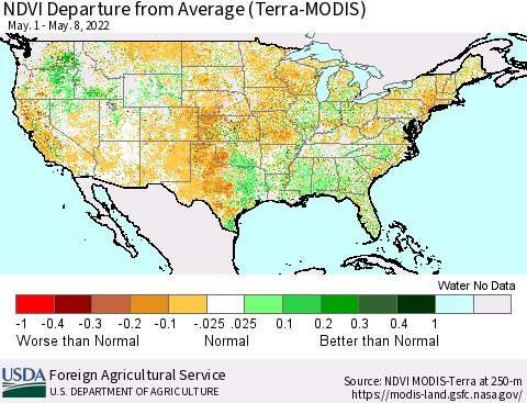 United States NDVI Departure from Average (Terra-MODIS) Thematic Map For 5/1/2022 - 5/10/2022