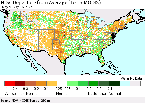 United States NDVI Departure from Average (Terra-MODIS) Thematic Map For 5/9/2022 - 5/16/2022