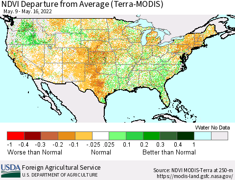 United States NDVI Departure from Average (Terra-MODIS) Thematic Map For 5/11/2022 - 5/20/2022