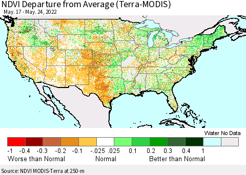 United States NDVI Departure from Average (Terra-MODIS) Thematic Map For 5/17/2022 - 5/24/2022