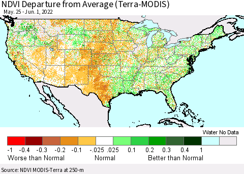 United States NDVI Departure from Average (Terra-MODIS) Thematic Map For 5/25/2022 - 6/1/2022