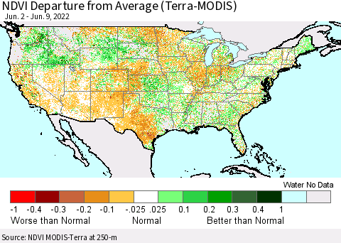 United States NDVI Departure from Average (Terra-MODIS) Thematic Map For 6/2/2022 - 6/9/2022