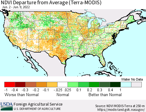United States NDVI Departure from Average (Terra-MODIS) Thematic Map For 6/1/2022 - 6/10/2022