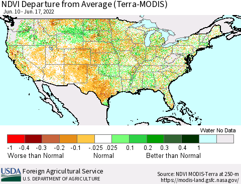 United States NDVI Departure from Average (Terra-MODIS) Thematic Map For 6/11/2022 - 6/20/2022
