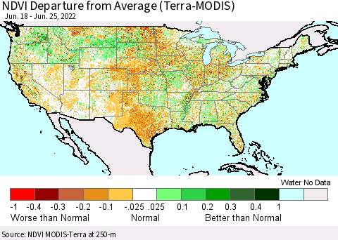 United States NDVI Departure from Average (Terra-MODIS) Thematic Map For 6/18/2022 - 6/25/2022