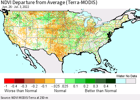 United States NDVI Departure from Average (Terra-MODIS) Thematic Map For 6/26/2022 - 7/3/2022