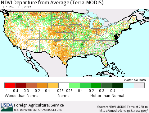 United States NDVI Departure from Average (Terra-MODIS) Thematic Map For 7/1/2022 - 7/10/2022