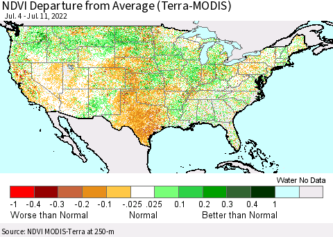 United States NDVI Departure from Average (Terra-MODIS) Thematic Map For 7/4/2022 - 7/11/2022