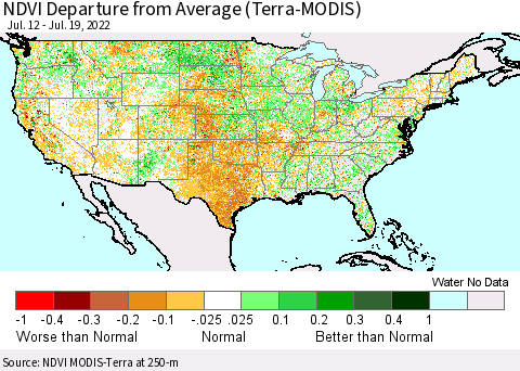 United States NDVI Departure from Average (Terra-MODIS) Thematic Map For 7/12/2022 - 7/19/2022