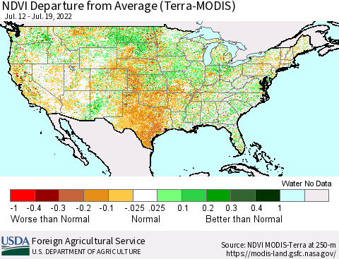 United States NDVI Departure from Average (Terra-MODIS) Thematic Map For 7/11/2022 - 7/20/2022