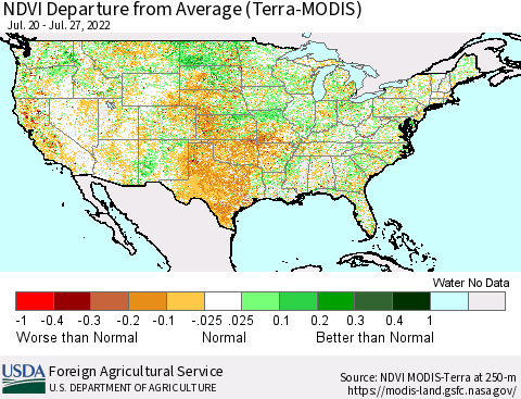 United States NDVI Departure from Average (Terra-MODIS) Thematic Map For 7/21/2022 - 7/31/2022