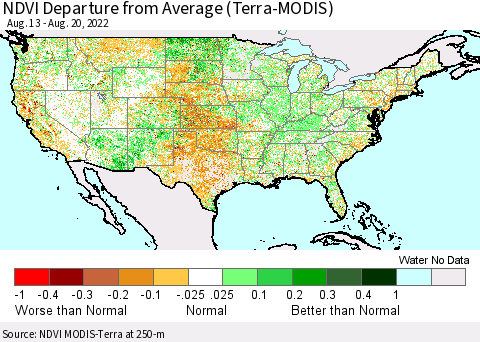 United States NDVI Departure from Average (Terra-MODIS) Thematic Map For 8/11/2022 - 8/20/2022