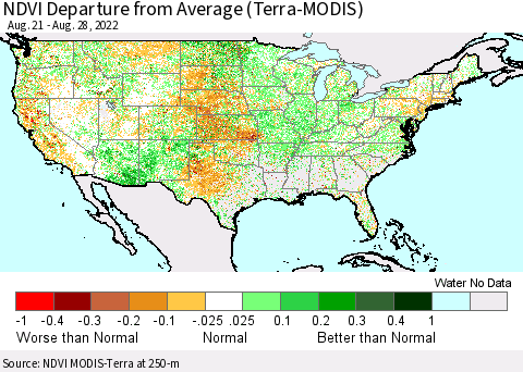 United States NDVI Departure from Average (Terra-MODIS) Thematic Map For 8/21/2022 - 8/28/2022