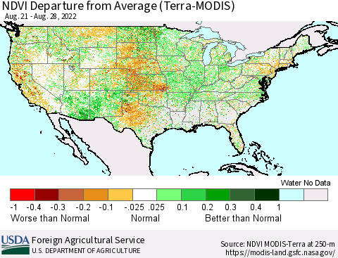 United States NDVI Departure from Average (Terra-MODIS) Thematic Map For 8/21/2022 - 8/31/2022