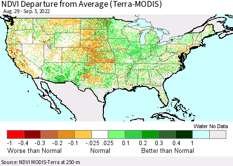 United States NDVI Departure from Average (Terra-MODIS) Thematic Map For 8/29/2022 - 9/5/2022