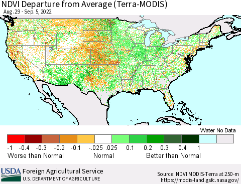 United States NDVI Departure from Average (Terra-MODIS) Thematic Map For 9/1/2022 - 9/10/2022
