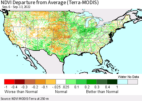 United States NDVI Departure from Average (Terra-MODIS) Thematic Map For 9/6/2022 - 9/13/2022