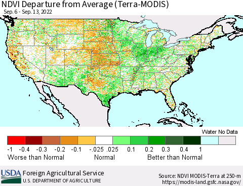 United States NDVI Departure from Average (Terra-MODIS) Thematic Map For 9/11/2022 - 9/20/2022