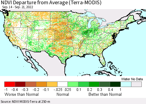 United States NDVI Departure from Average (Terra-MODIS) Thematic Map For 9/14/2022 - 9/21/2022