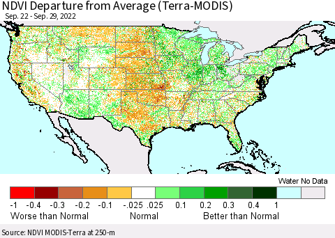 United States NDVI Departure from Average (Terra-MODIS) Thematic Map For 9/22/2022 - 9/29/2022