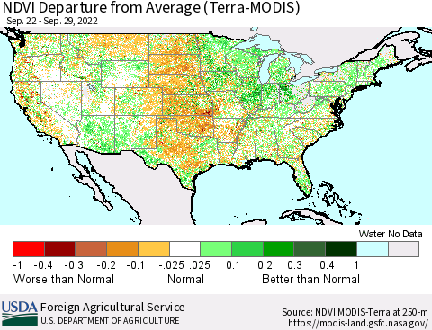 United States NDVI Departure from Average (Terra-MODIS) Thematic Map For 9/21/2022 - 9/30/2022
