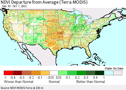 United States NDVI Departure from Average (Terra-MODIS) Thematic Map For 9/30/2022 - 10/7/2022