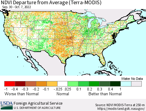 United States NDVI Departure from Average (Terra-MODIS) Thematic Map For 10/1/2022 - 10/10/2022