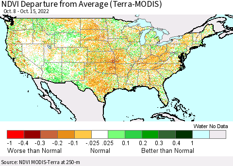 United States NDVI Departure from Average (Terra-MODIS) Thematic Map For 10/8/2022 - 10/15/2022