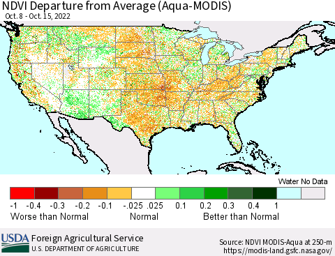 United States NDVI Departure from Average (Terra-MODIS) Thematic Map For 10/11/2022 - 10/20/2022