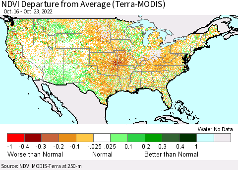 United States NDVI Departure from Average (Terra-MODIS) Thematic Map For 10/16/2022 - 10/23/2022