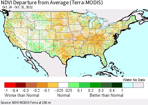 United States NDVI Departure from Average (Terra-MODIS) Thematic Map For 10/24/2022 - 10/31/2022