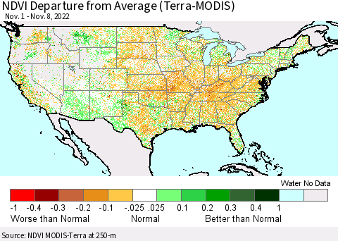 United States NDVI Departure from Average (Terra-MODIS) Thematic Map For 11/1/2022 - 11/8/2022