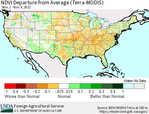 United States NDVI Departure from Average (Terra-MODIS) Thematic Map For 11/1/2022 - 11/10/2022
