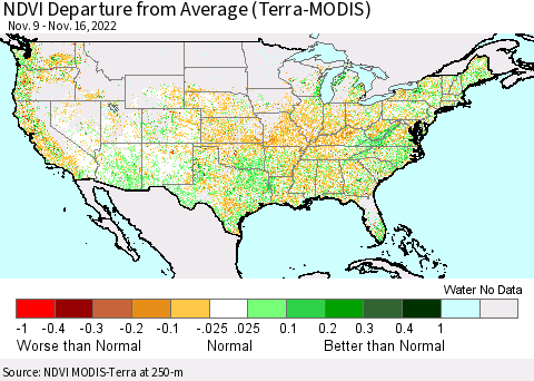 United States NDVI Departure from Average (Terra-MODIS) Thematic Map For 11/9/2022 - 11/16/2022