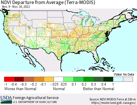 United States NDVI Departure from Average (Terra-MODIS) Thematic Map For 11/11/2022 - 11/20/2022
