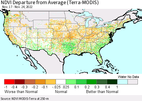 United States NDVI Departure from Average (Terra-MODIS) Thematic Map For 11/17/2022 - 11/24/2022