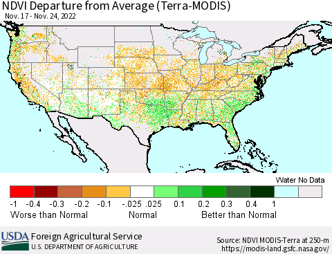 United States NDVI Departure from Average (Terra-MODIS) Thematic Map For 11/21/2022 - 11/30/2022