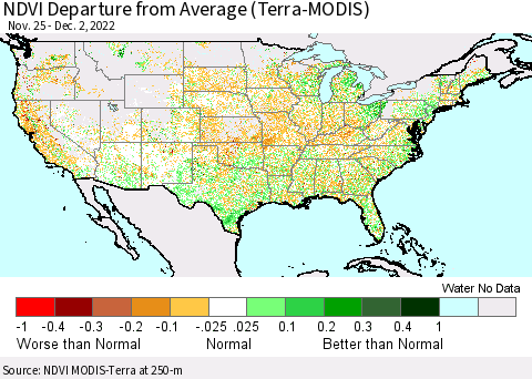 United States NDVI Departure from Average (Terra-MODIS) Thematic Map For 11/25/2022 - 12/2/2022