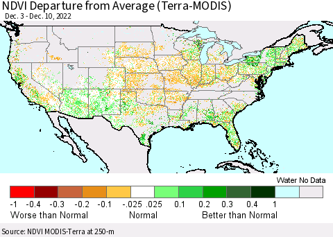 United States NDVI Departure from Average (Terra-MODIS) Thematic Map For 12/1/2022 - 12/10/2022