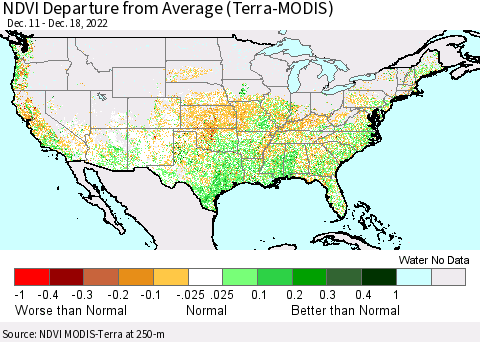 United States NDVI Departure from Average (Terra-MODIS) Thematic Map For 12/11/2022 - 12/18/2022