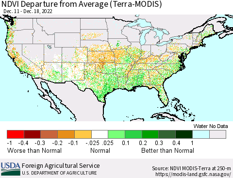 United States NDVI Departure from Average (Terra-MODIS) Thematic Map For 12/11/2022 - 12/20/2022