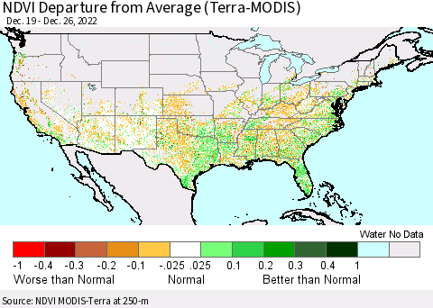 United States NDVI Departure from Average (Terra-MODIS) Thematic Map For 12/19/2022 - 12/26/2022