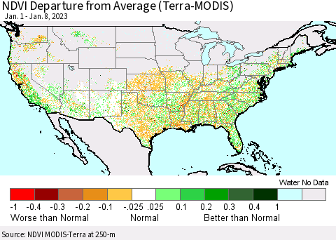 United States NDVI Departure from Average (Terra-MODIS) Thematic Map For 1/1/2023 - 1/8/2023
