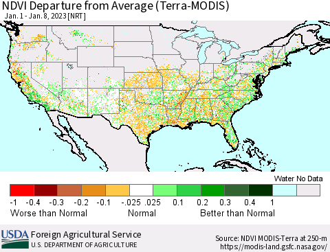 United States NDVI Departure from Average (Terra-MODIS) Thematic Map For 1/1/2023 - 1/10/2023