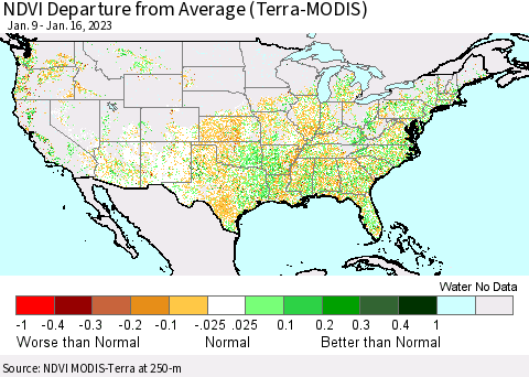 United States NDVI Departure from Average (Terra-MODIS) Thematic Map For 1/9/2023 - 1/16/2023