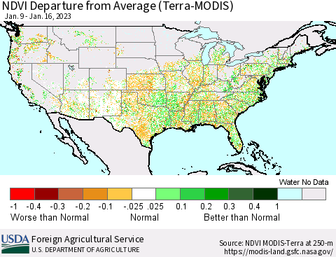 United States NDVI Departure from Average (Terra-MODIS) Thematic Map For 1/11/2023 - 1/20/2023