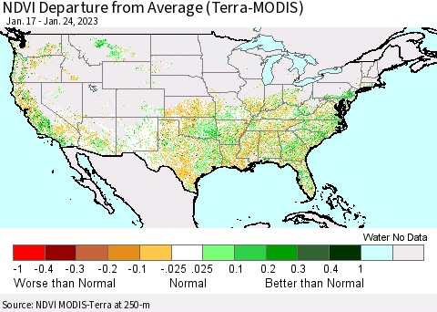 United States NDVI Departure from Average (Terra-MODIS) Thematic Map For 1/17/2023 - 1/24/2023