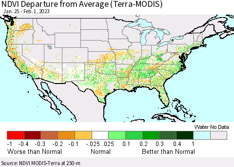United States NDVI Departure from Average (Terra-MODIS) Thematic Map For 1/25/2023 - 2/1/2023