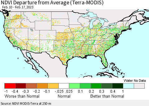 United States NDVI Departure from Average (Terra-MODIS) Thematic Map For 2/10/2023 - 2/17/2023
